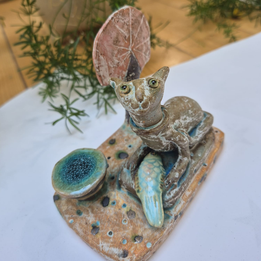Shelagh Spear Cat with Fish, Tree and Water SS223