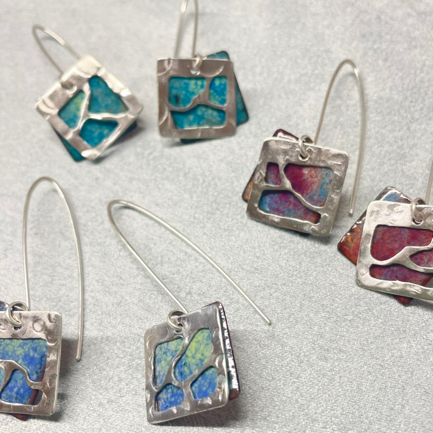 Sterling Silver Window Earrings - Bright Pink and Dusty Blue