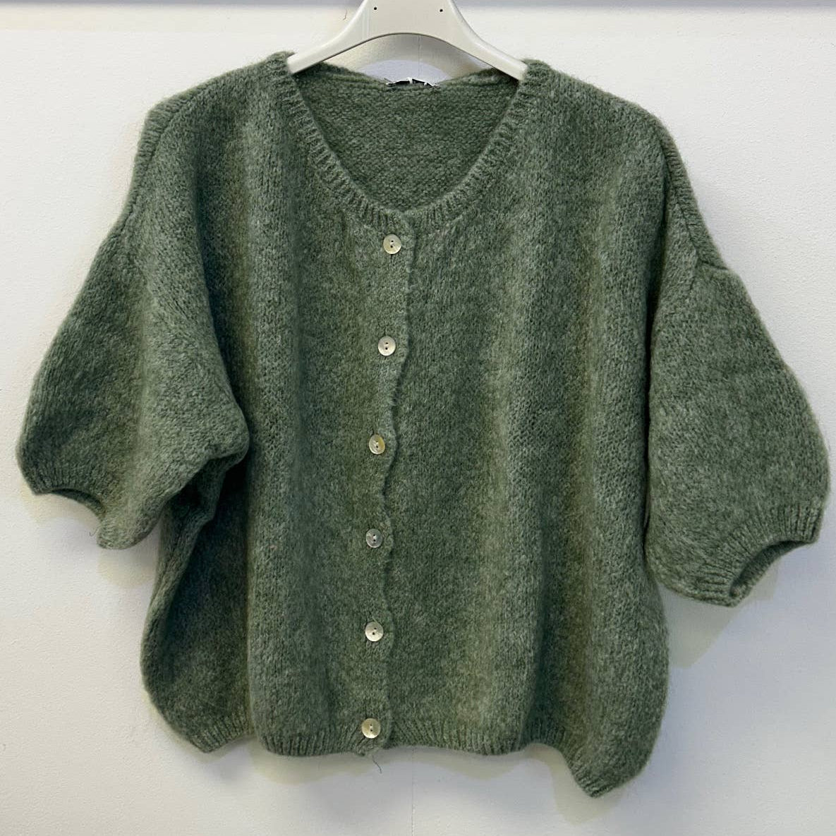Cropped Sleeve Mohair Cardigan - Marl Khaki