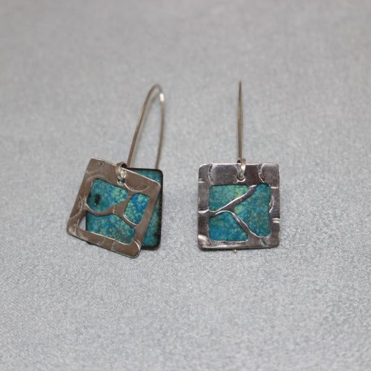 Sterling Silver Window Earrings - Green and Sea Blue