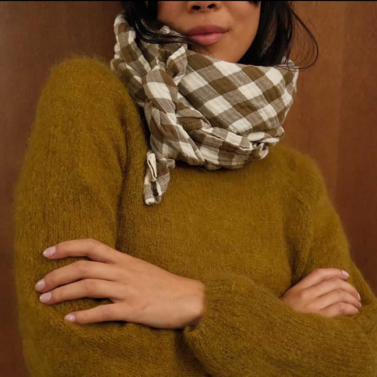 Square Scarf - Khaki Gingham Check
