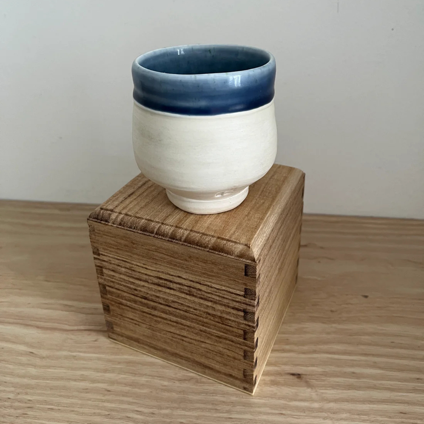 Ray Toms Boxed Yunomi White Porcelain Cobalt Ash Glaze