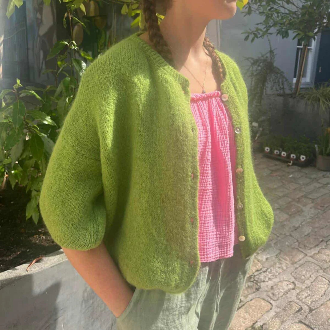 Cropped Sleeve Mohair Cardigan - Apple Green
