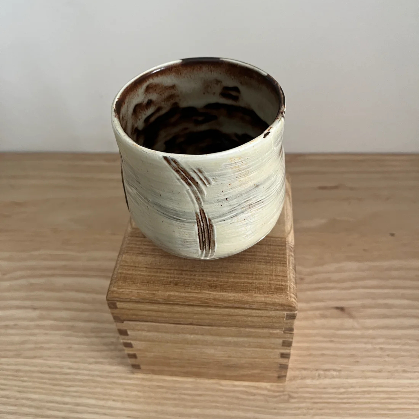 Ray Toms Boxed Black Clay Yunomi WIth Porcelain Slip Glaze