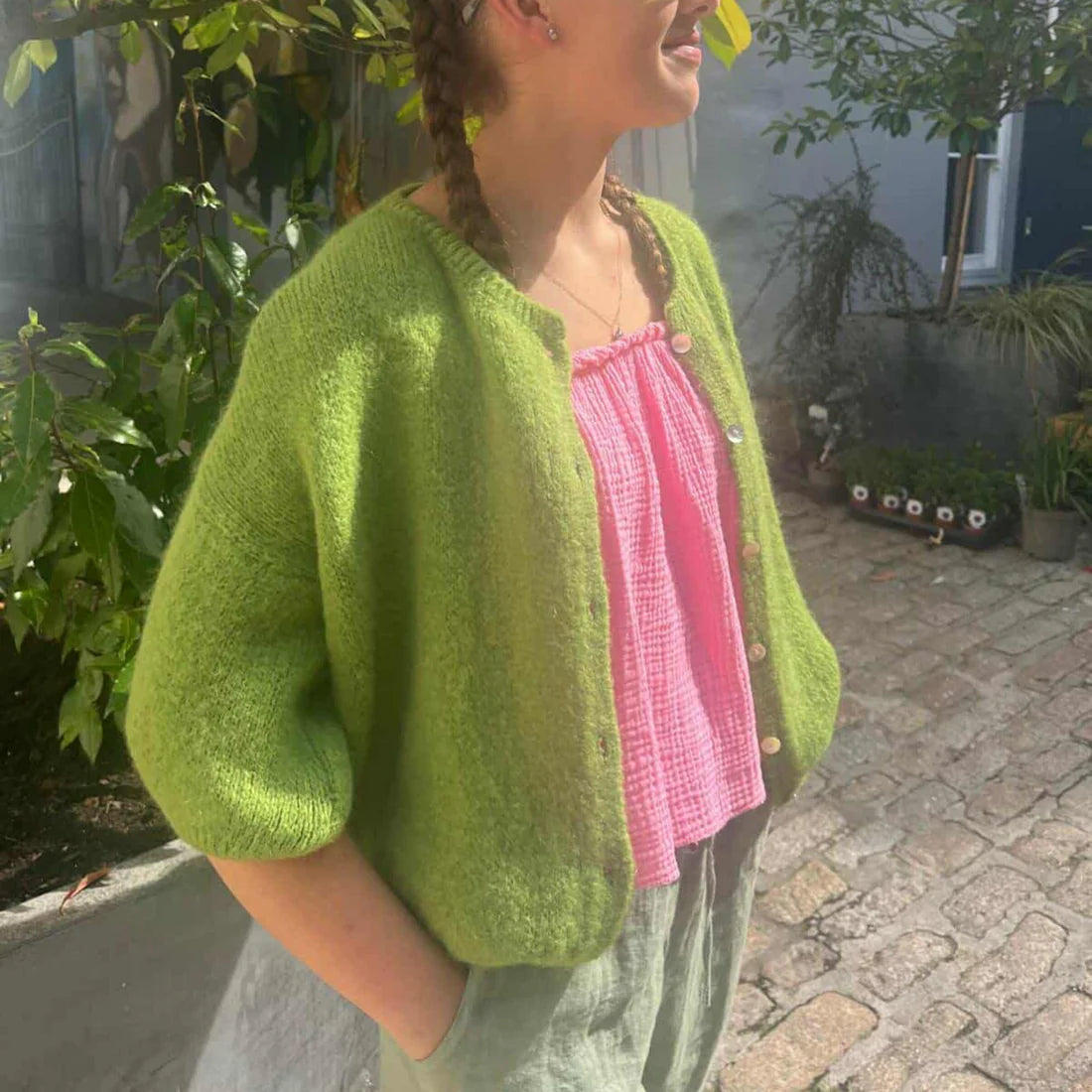 Cropped Sleeve Mohair Cardigan - Apple Green