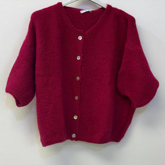 Cropped Sleeve Mohair Cardigan - Cerise