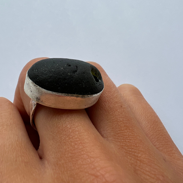 Sarah Drew Black Sea Glass Silver Ring