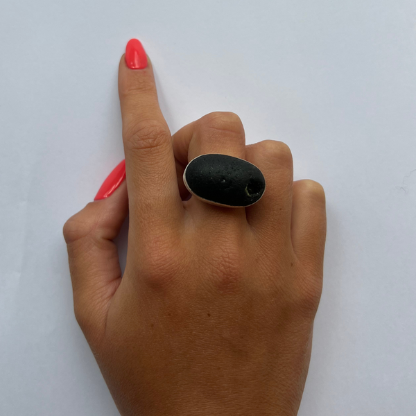 Sarah Drew Black Sea Glass Silver Ring