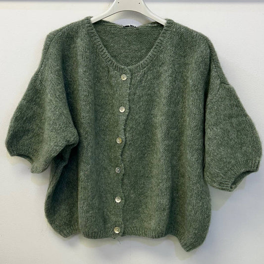 Cropped Sleeve Mohair Cardigan - Marl Khaki