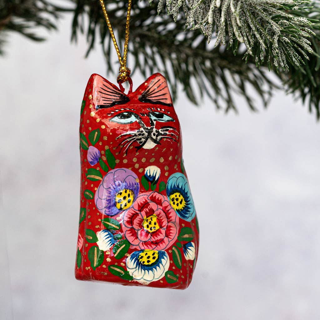 Floral Cat Hanging Decoration - Red