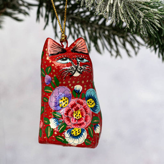 Floral Cat Hanging Decoration - Red
