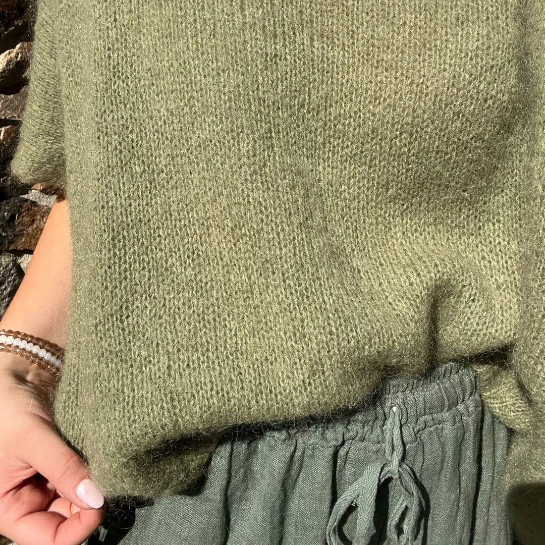 Mohair Drop Shoulder Tank Top - Pale Khaki