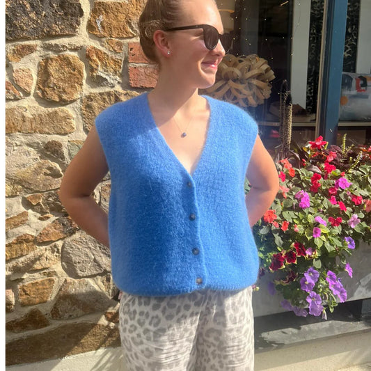 Erika Mohair Blend Button Vest - Cornflower Blue
