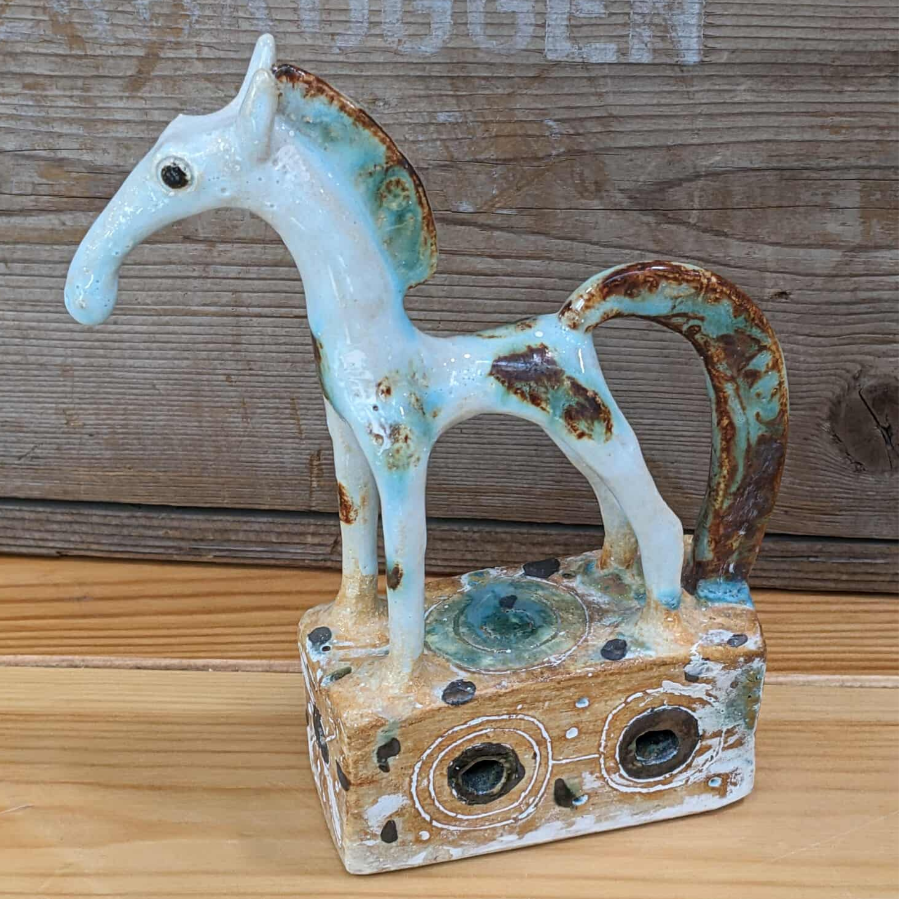 White Horse On Plinth With Cobalt Glaze - SS134