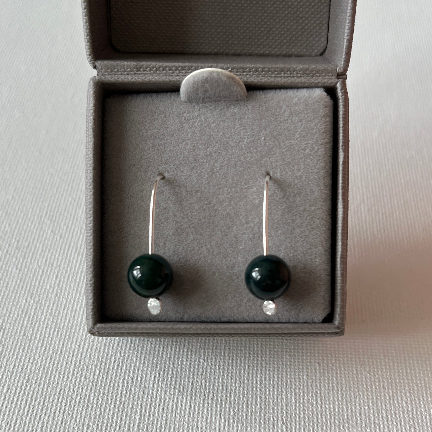 Simple Silver Drop Earrings - Dark Green Moss Agatea