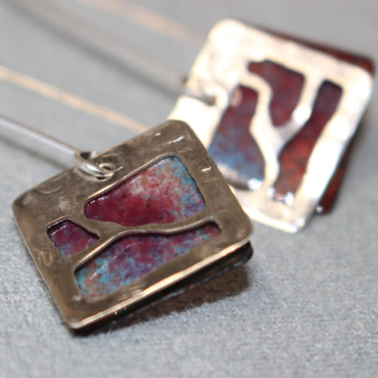 Sterling Silver Window Earrings - Bright Pink and Dusty Blue