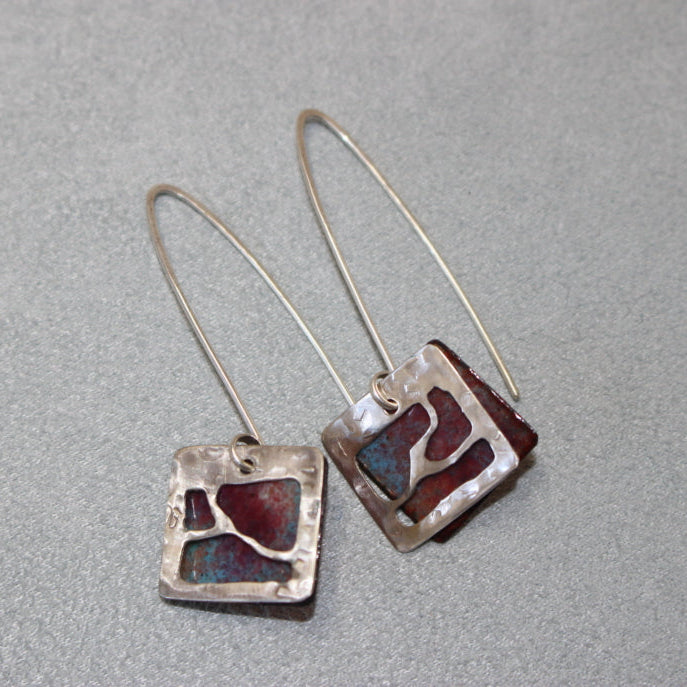 Sterling Silver Window Earrings - Bright Pink and Dusty Blue
