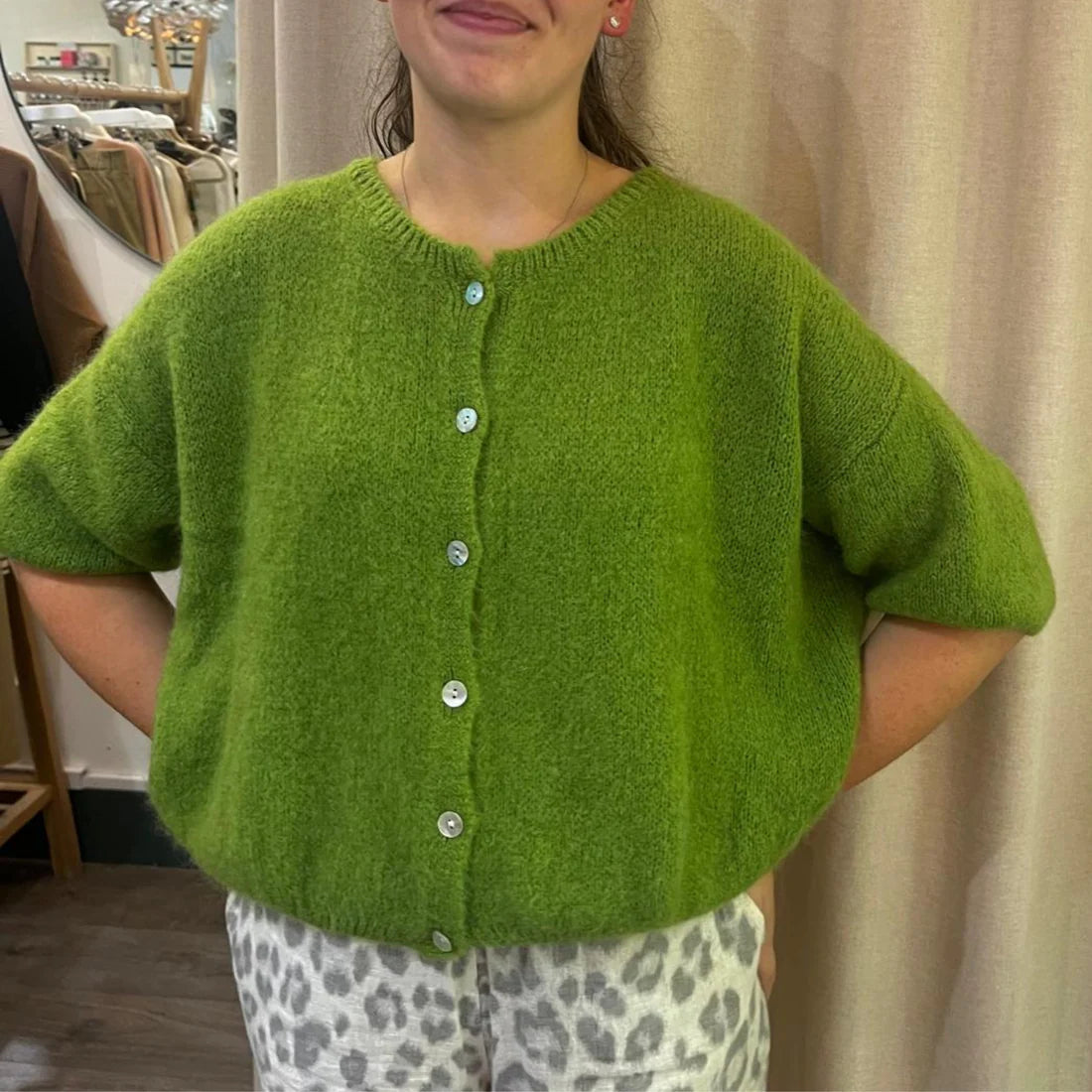 Cropped Sleeve Mohair Cardigan - Apple Green