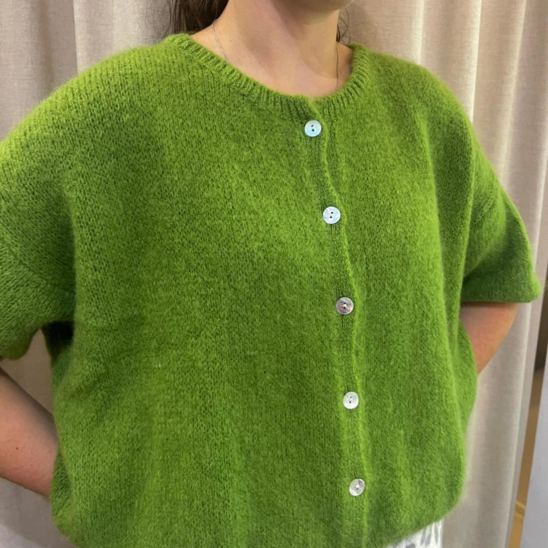 Cropped Sleeve Mohair Cardigan - Apple Green