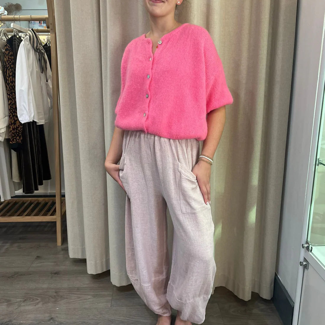 Cropped Sleeve Mohair Cardigan - Barbie Pink