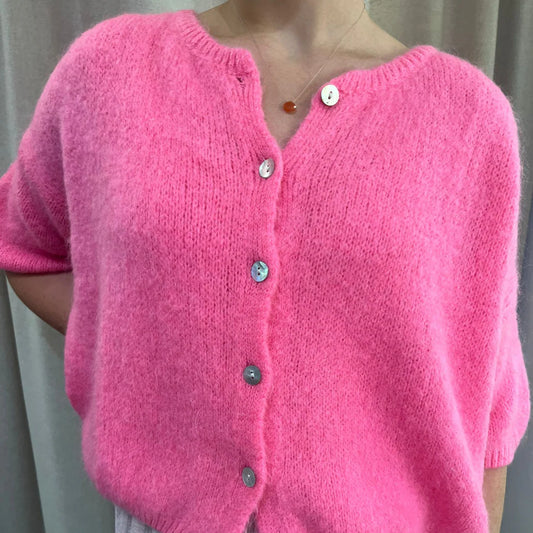 Cropped Sleeve Mohair Cardigan - Barbie Pink