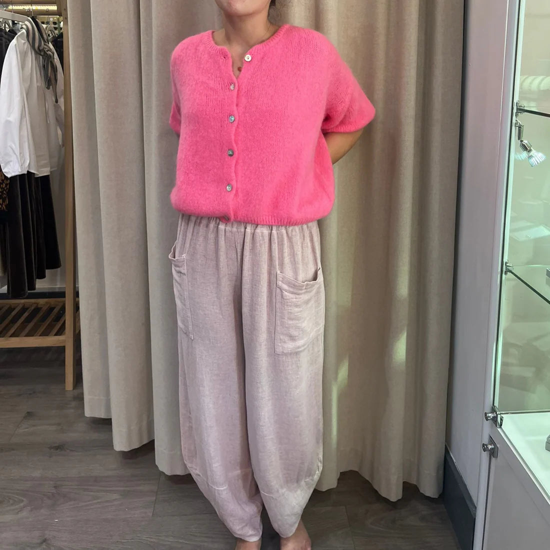 Cropped Sleeve Mohair Cardigan - Barbie Pink