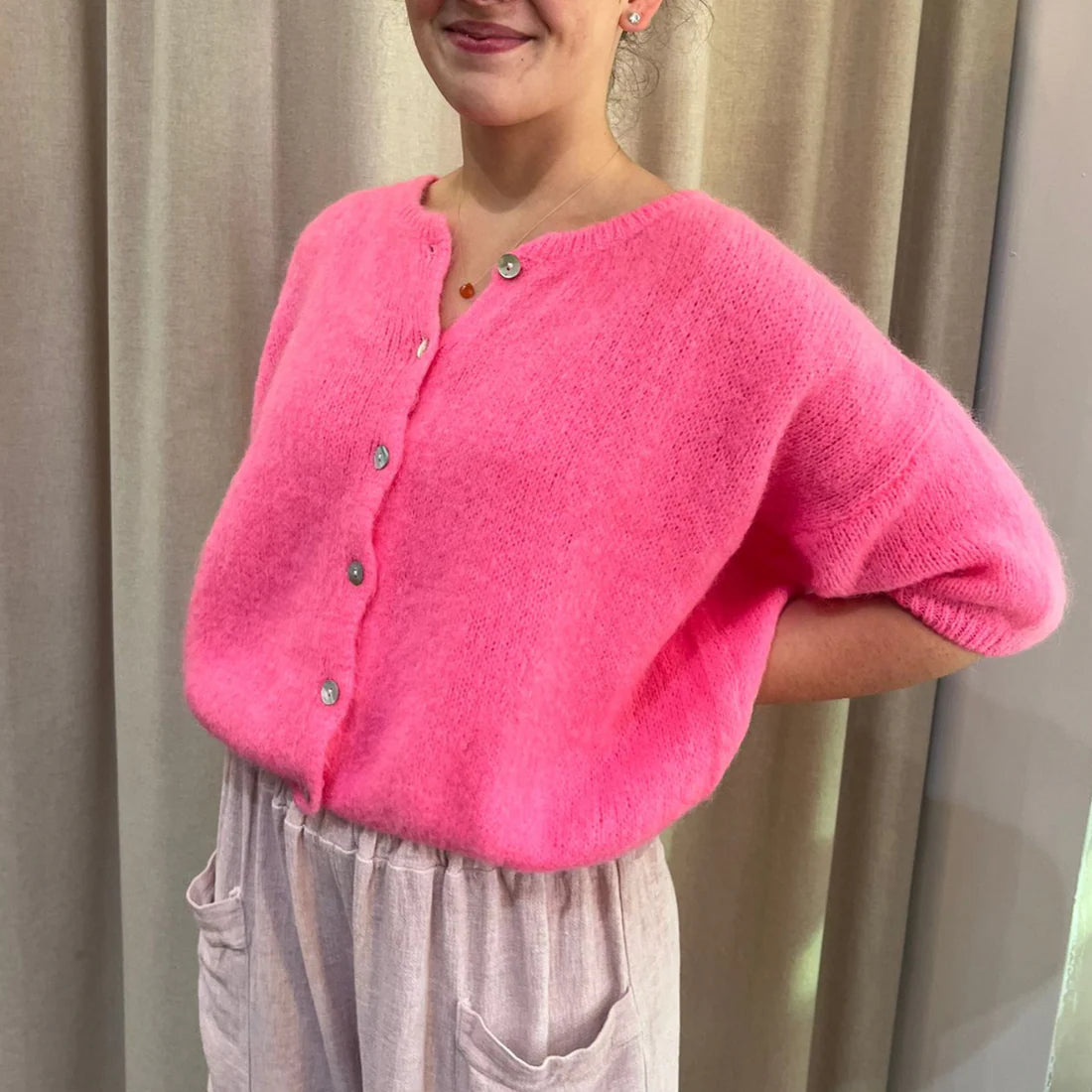 Cropped Sleeve Mohair Cardigan - Barbie Pink
