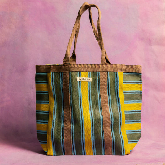 MÆGEN Everywhere Tote Bag - Choc/Mustard/Olive Stripe