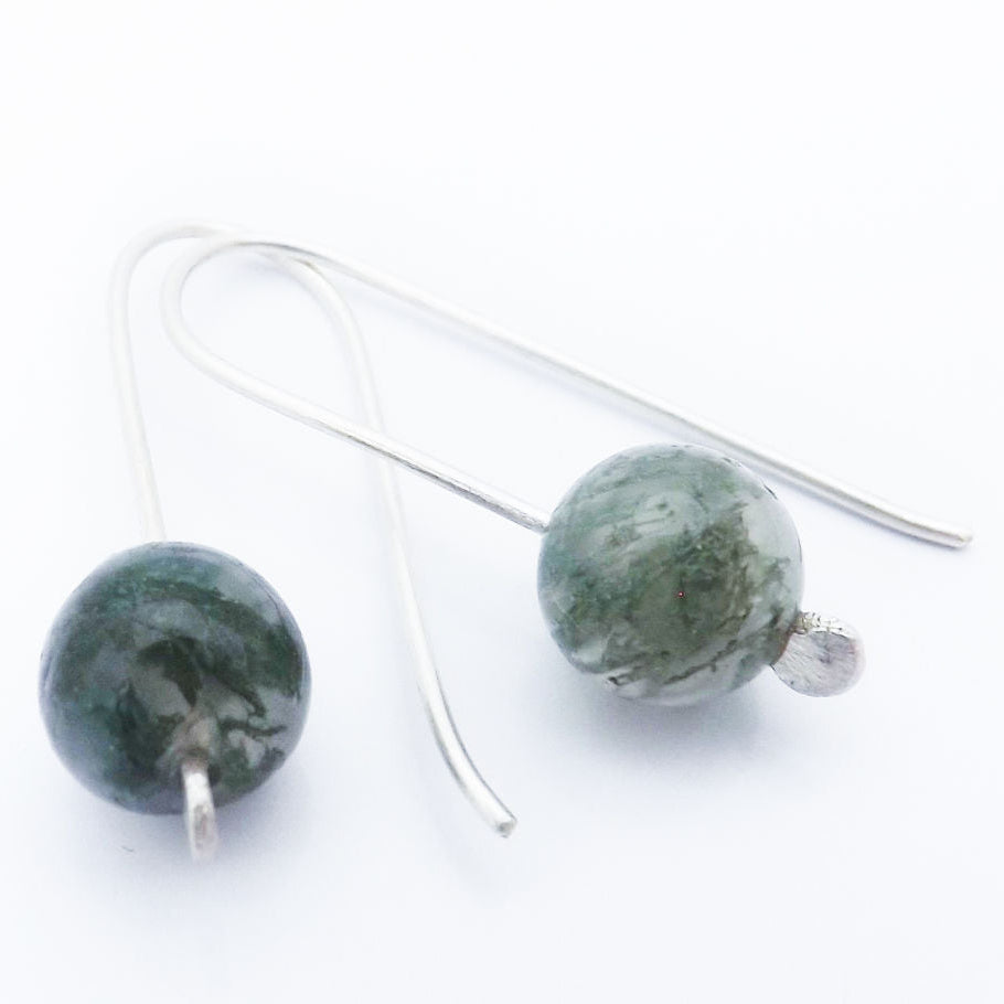 Simple Silver Drop Earrings - Dark Green Moss Agatea