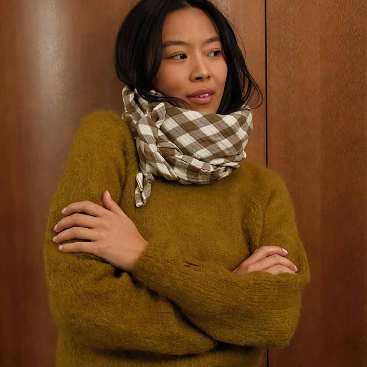 Square Scarf - Khaki Gingham Check