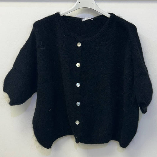 Cropped Sleeve Mohair Cardigan - Black