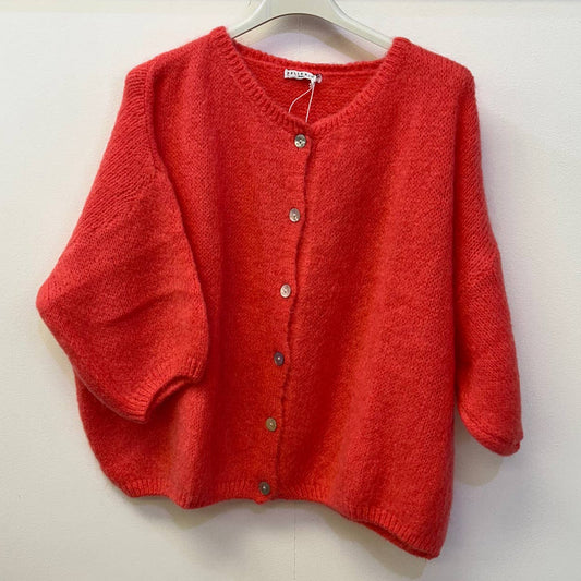 Cropped Sleeve Mohair Cardigan - Coral