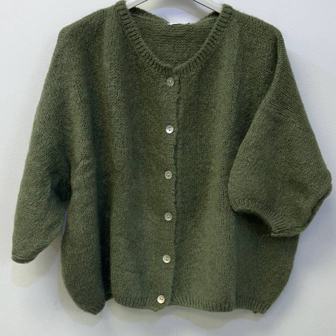 Cropped Sleeve Mohair Cardigan - Pale Khaki