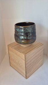 Raymond Toms Boxed Yunomi Tea Bowl in White Clay With Ridged Ash Cobalt Glaze
