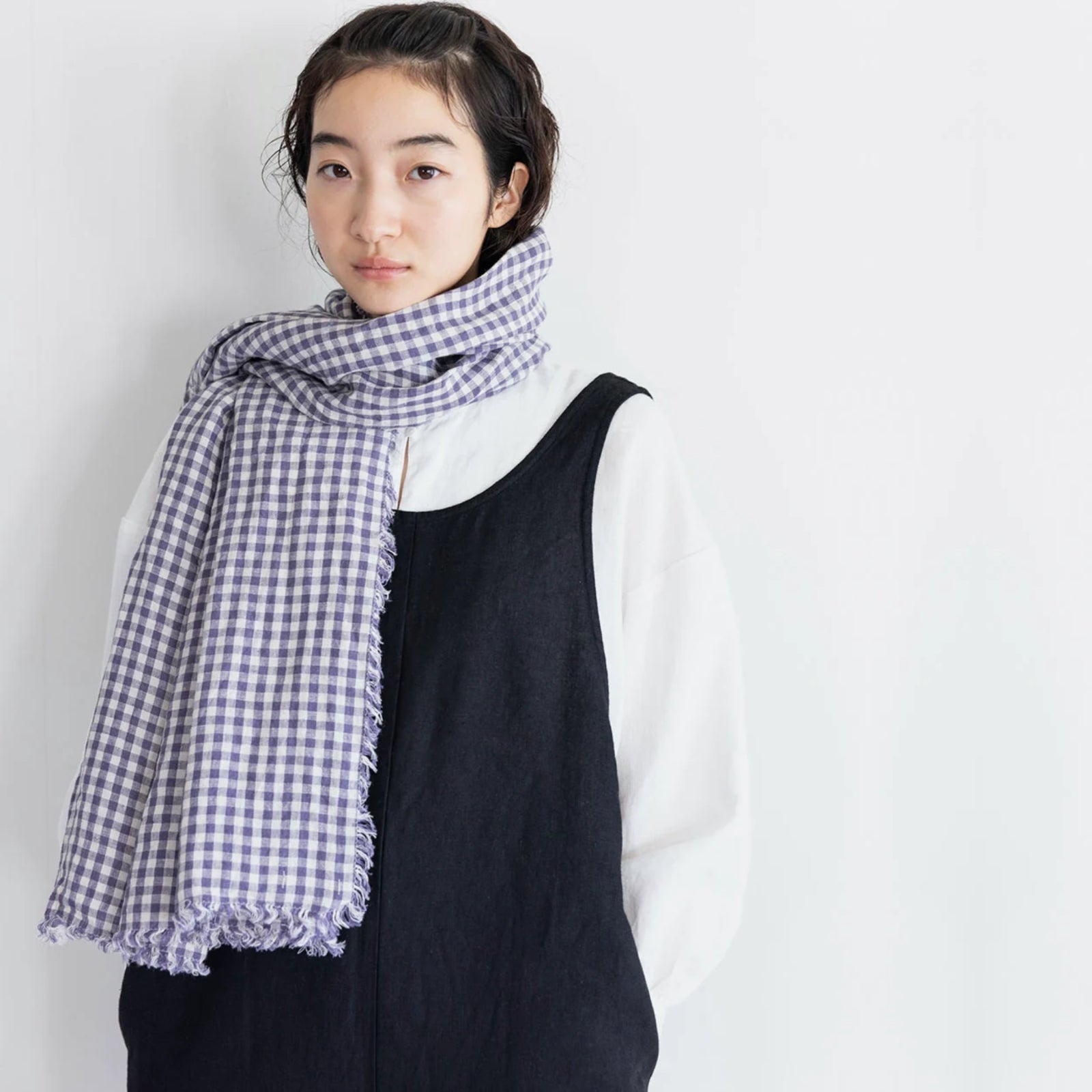 Fog Linen Simone Fringe Scarf - Purple and Ecru Gingham