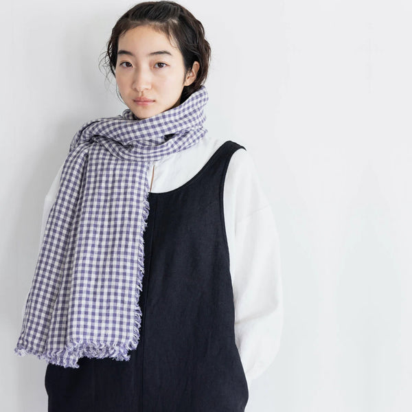 Fog Linen Simone Fringe Scarf - Purple and Ecru Gingham
