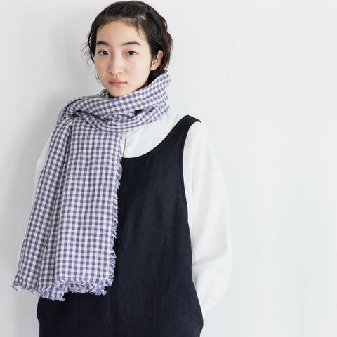 Fog Linen Simone Fringe Scarf - Purple and Ecru Gingham